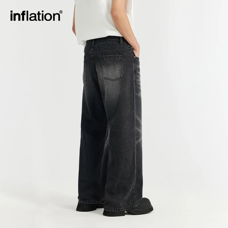 INFLATION Retro Washed Straight Denim Trousers Men High Street Ripped Wide Leg Jeans