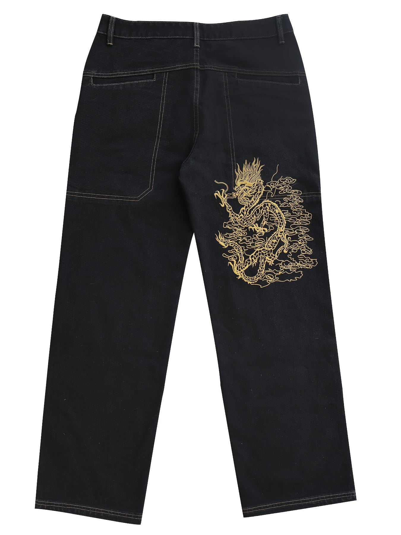 Dragon Pattern Embroidered Cotton Blend Wide Leg Jeans For Men, Chic Street Style Loose Fit Bottoms For Men, All Seasons, Fluid Pants