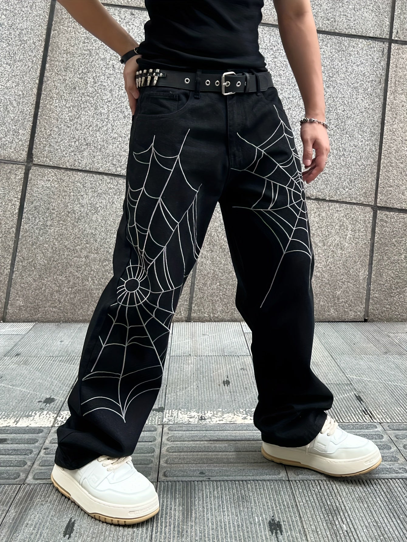 Unisex Street Style Embroidered Spider Web Denim Jeans, Loose Fit, Non-Stretch Cotton Blend Pants, Regular Length, Woven, for Adults, All-Season