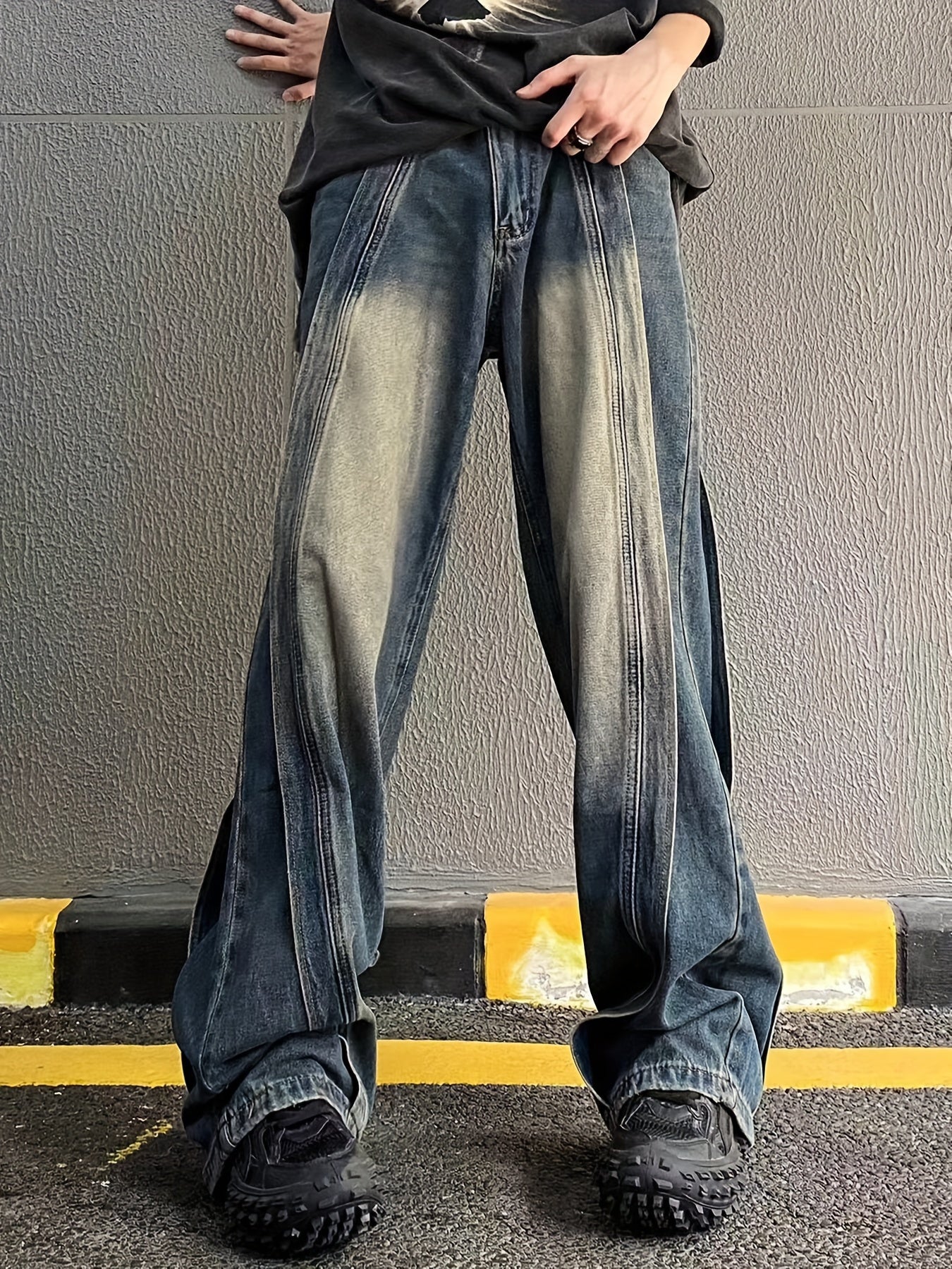 American Street Spliced Jeans Men's Loose High Street Wide Leg Sagging Straight Leg Pants