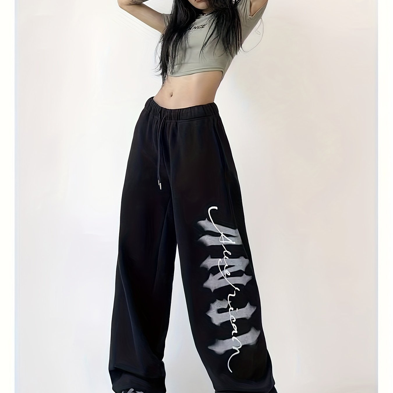 Women's Retro Streetwear-Inspired Joggers - Casual Loose Fit with Drawstring, Letter Print, Polyester & Spandex Blend, Machine Washable