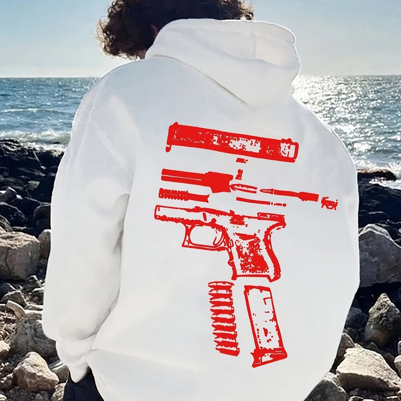 Gun Print Hoodie, Cool Hoodies for Men, Men's Casual Graphic Design Pullover Hooded Sweatshirt with Kangaroo Pocket Streetwear for Winter Fall, As Gifts