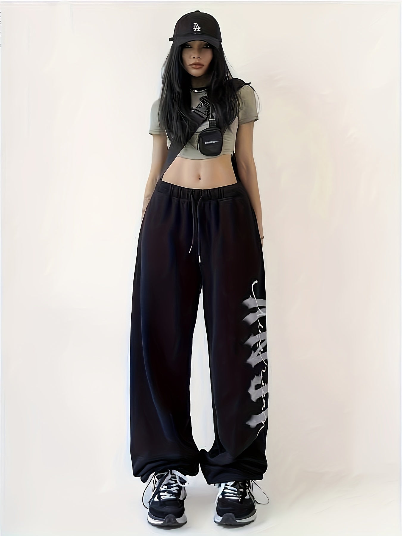 Women's Retro Streetwear-Inspired Joggers - Casual Loose Fit with Drawstring, Letter Print, Polyester & Spandex Blend, Machine Washable