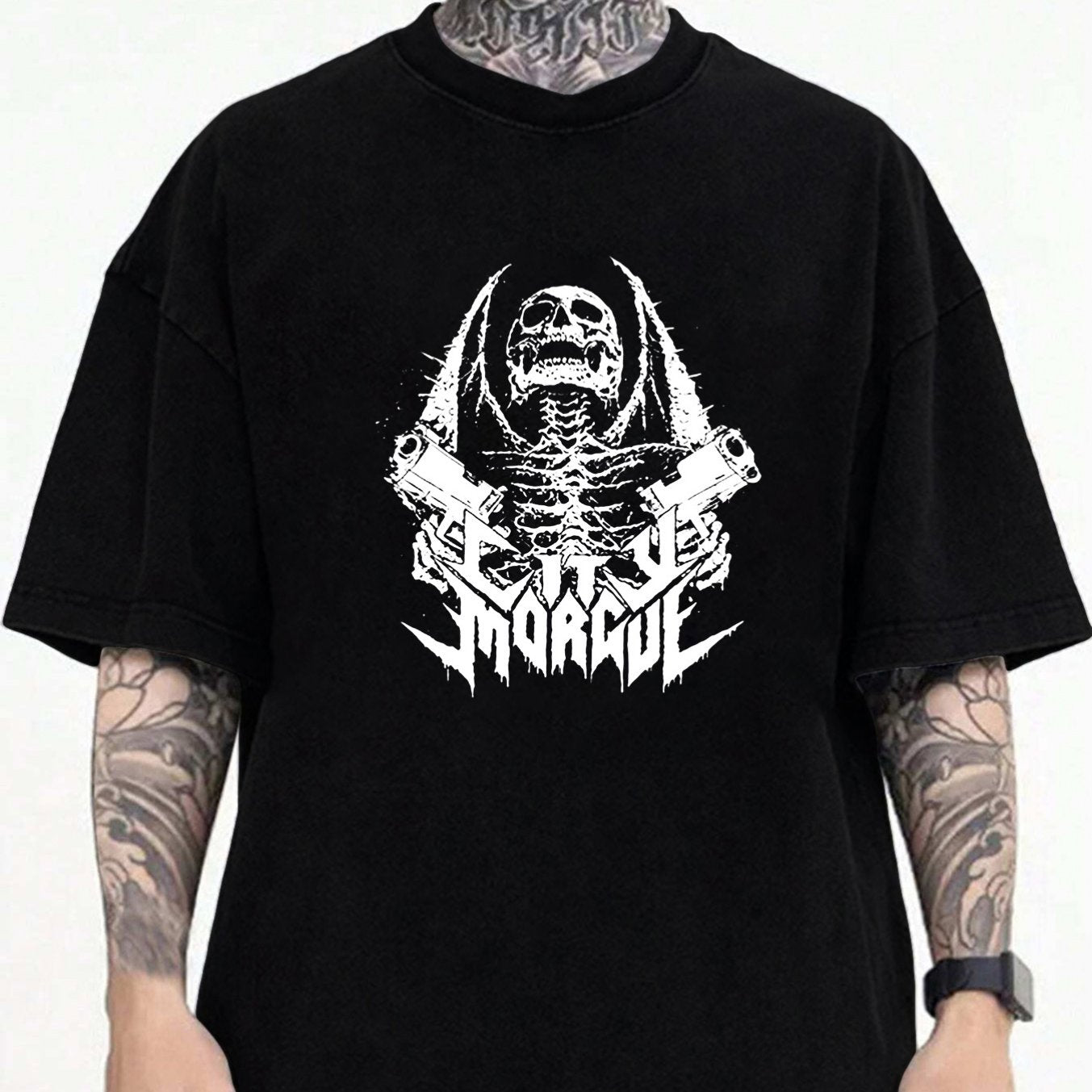 Men's Casual Loose-Fit Short Sleeve T-Shirt with Dual Gun Skull City Morgue Print, Polyester, Round Neck - Machine Washable, Buyers, Marlo