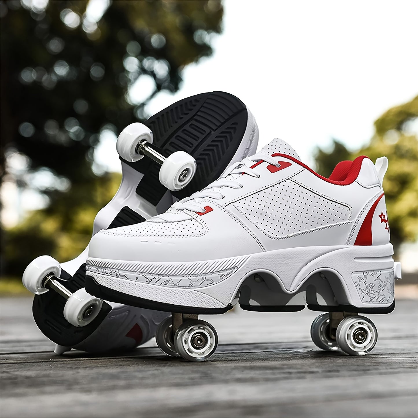 White Red Roller Skate Shoes For Men And WomenShoe - Breathable, Ergonomic, Impact Resistant, 2-in-1 Deformation Roller Skates&Sneakers, Double-Row Retractable Wheels Roller Shoes, For Casual Walking, Skating, Hiking, And Out