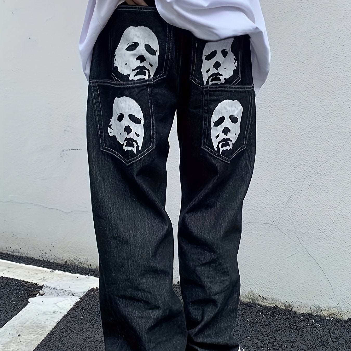 Halloween Denim Jeans for Adults, Casual Regular Fit with Portrait Print, Multi-Pocket Design, 95% Cotton 5% Polyester, Non-Stretch Fabric, All-Season Washed Style, 403g/m² Weight