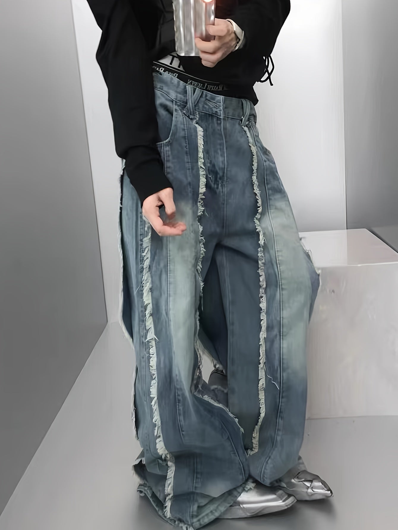 American Retro Waste Style Tassel Splicing Design Sense Jeans Men's Small Crowd Loose Wide Leg Pants