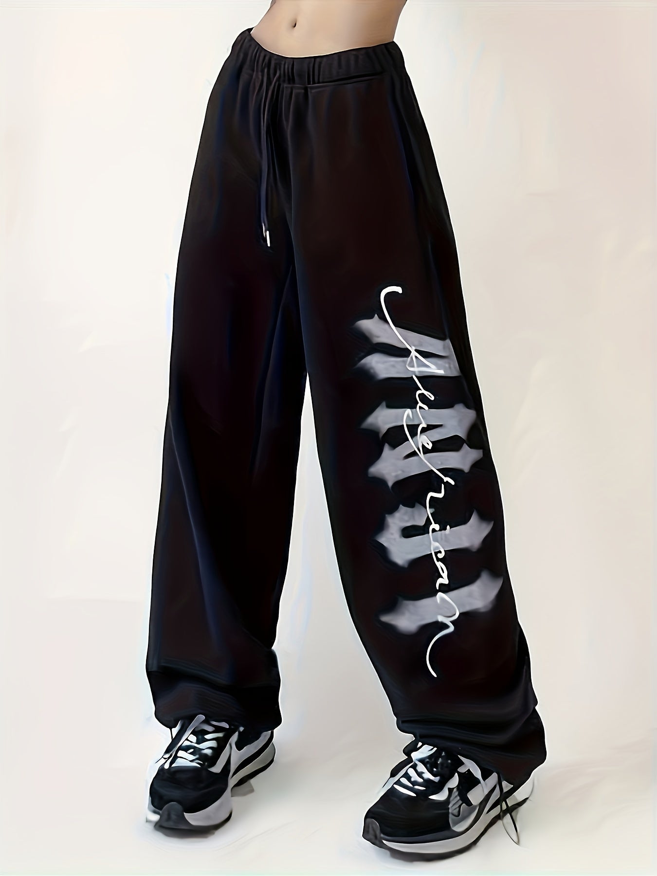 Women's Retro Streetwear-Inspired Joggers - Casual Loose Fit with Drawstring, Letter Print, Polyester & Spandex Blend, Machine Washable