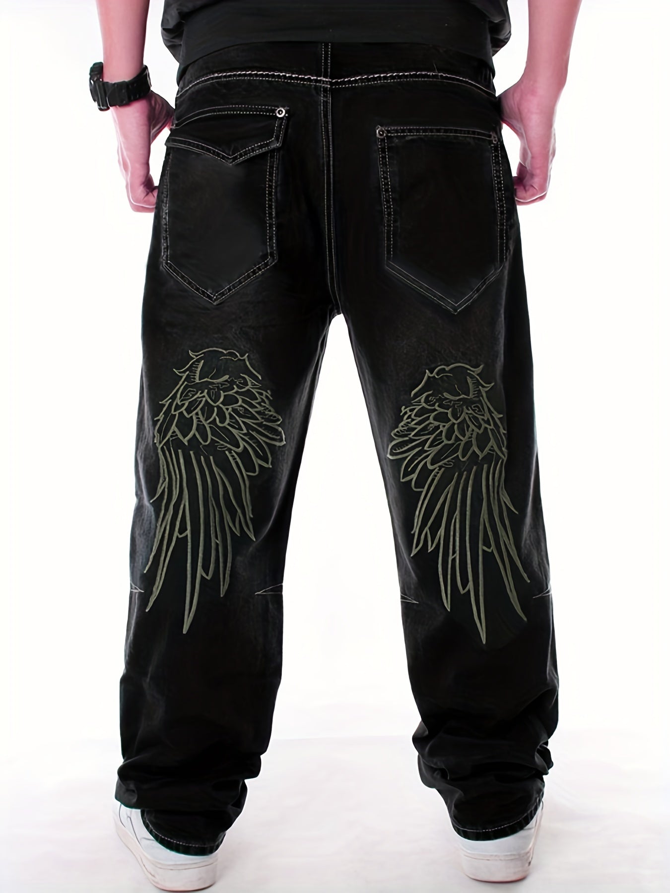 Y2k Wings Embroidery Baggy Jeans, Casual Street Style Denim Pants