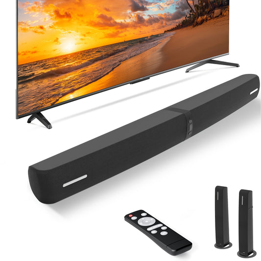 Sound Bar for Smart TV, 60W Soundbar with Wired & Wireless Connect, Auto Volume Boost, ARC/Optical/AUX Cables & Remote, 2in 1 Separable Soundbar