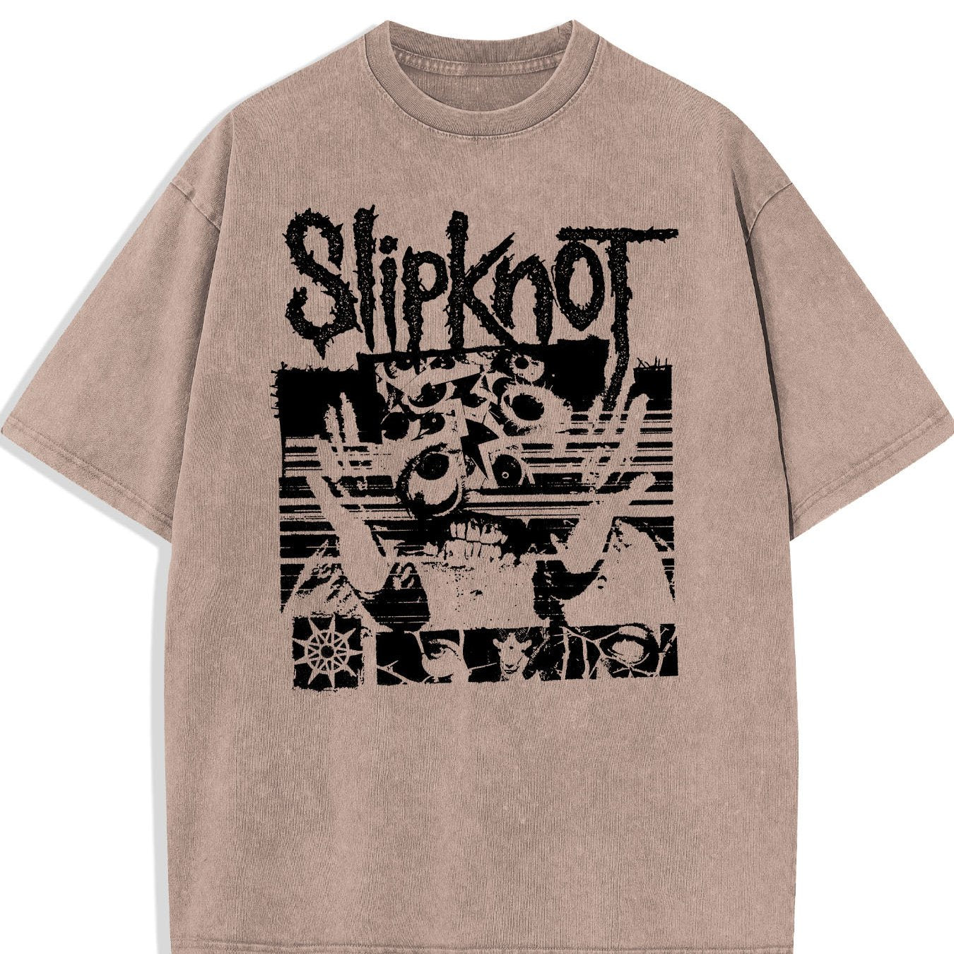 Washed T-Shirt Featuring Slipknot Logo With Distorted Graphics And Dark, Grunge-Inspired Elements Retro style, classic men's round neck T-shirt, pure cotton skin friendly, fashionable and versatile