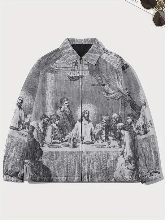 The Last Supper Painting Print Lapel Collar Zip Up Sports Jacket For Men, Retro Style Windbreaker Jacket For Spring And Fall Street Wear