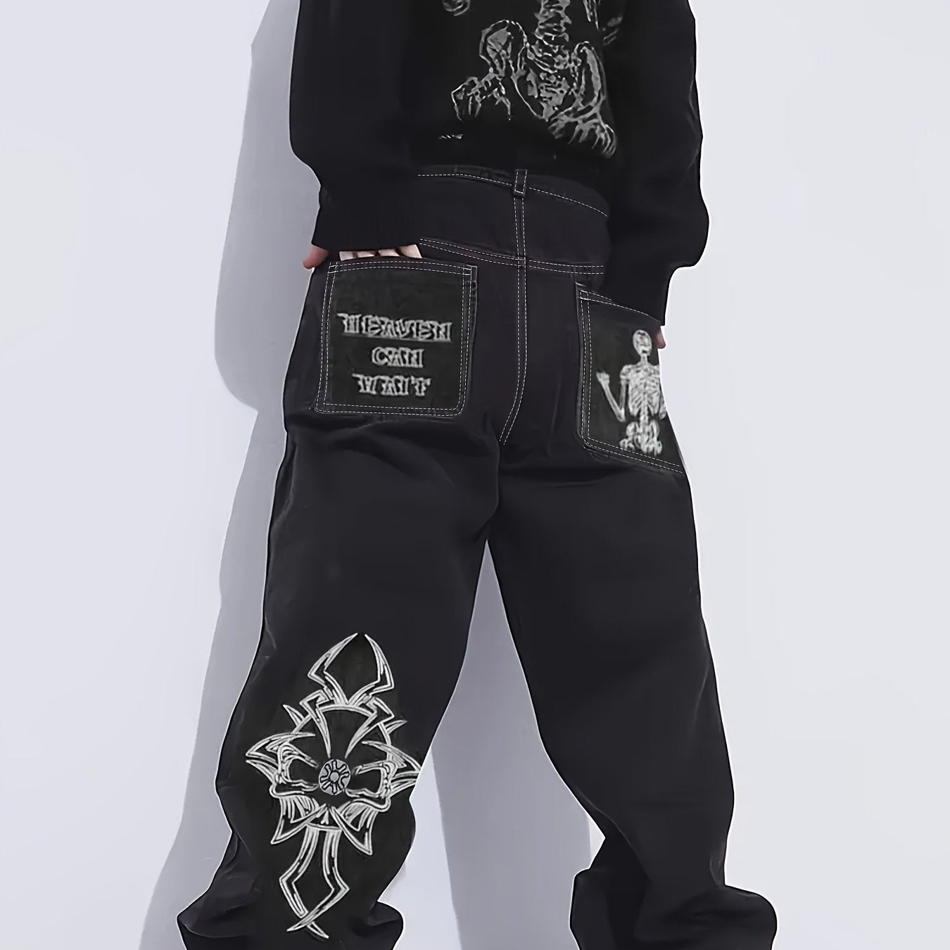 Halloween Y2k Skeleton Embroidery Jeans, Men's Casual Street Style Denim Pants