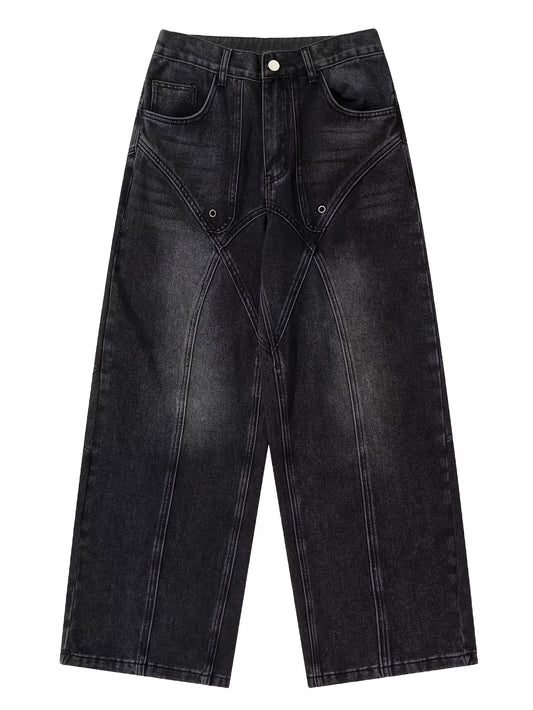 American Street Trendy Spliced Design Heavy Work Loose Jeans Without Belt/Without Ornaments