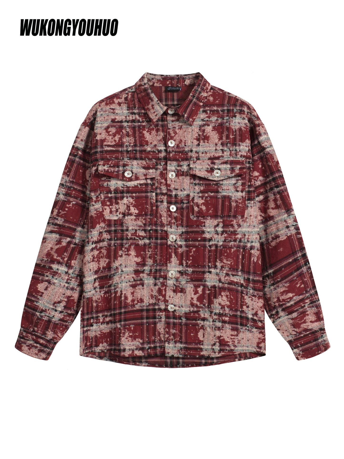 WUKONGYOUHUO Men's Tie-Dye Red Plaid Long Sleeve Shirt - Casual Loose Fit, Polyester Blend, Machine Washable with Pockets for Spring/Fall