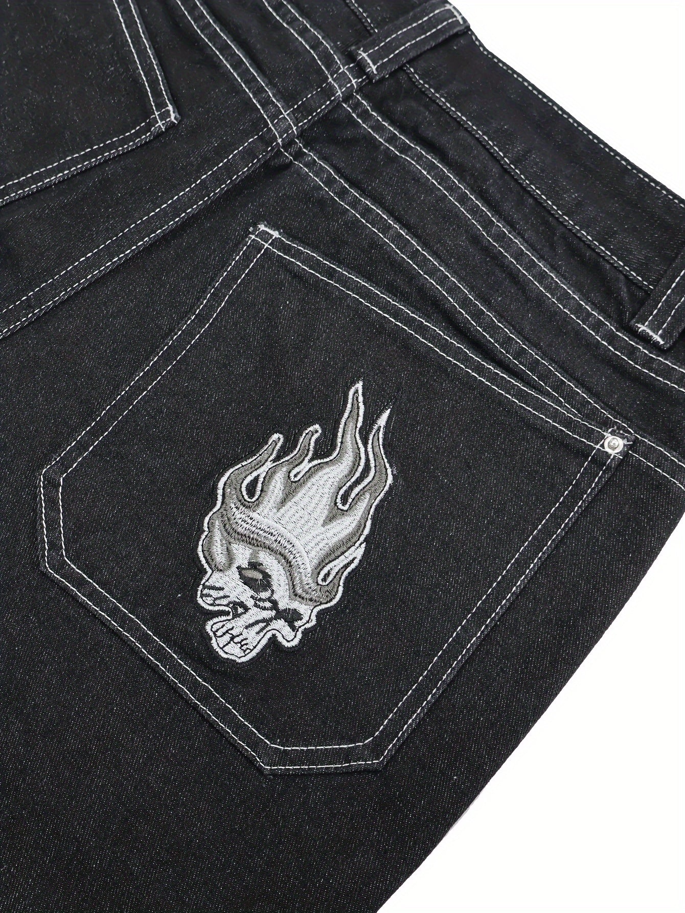 NVFelix Men's Vintage-Inspired Skull Embroidered Jeans - Loose Fit, Street Style Denim Pants with Flame Pockets