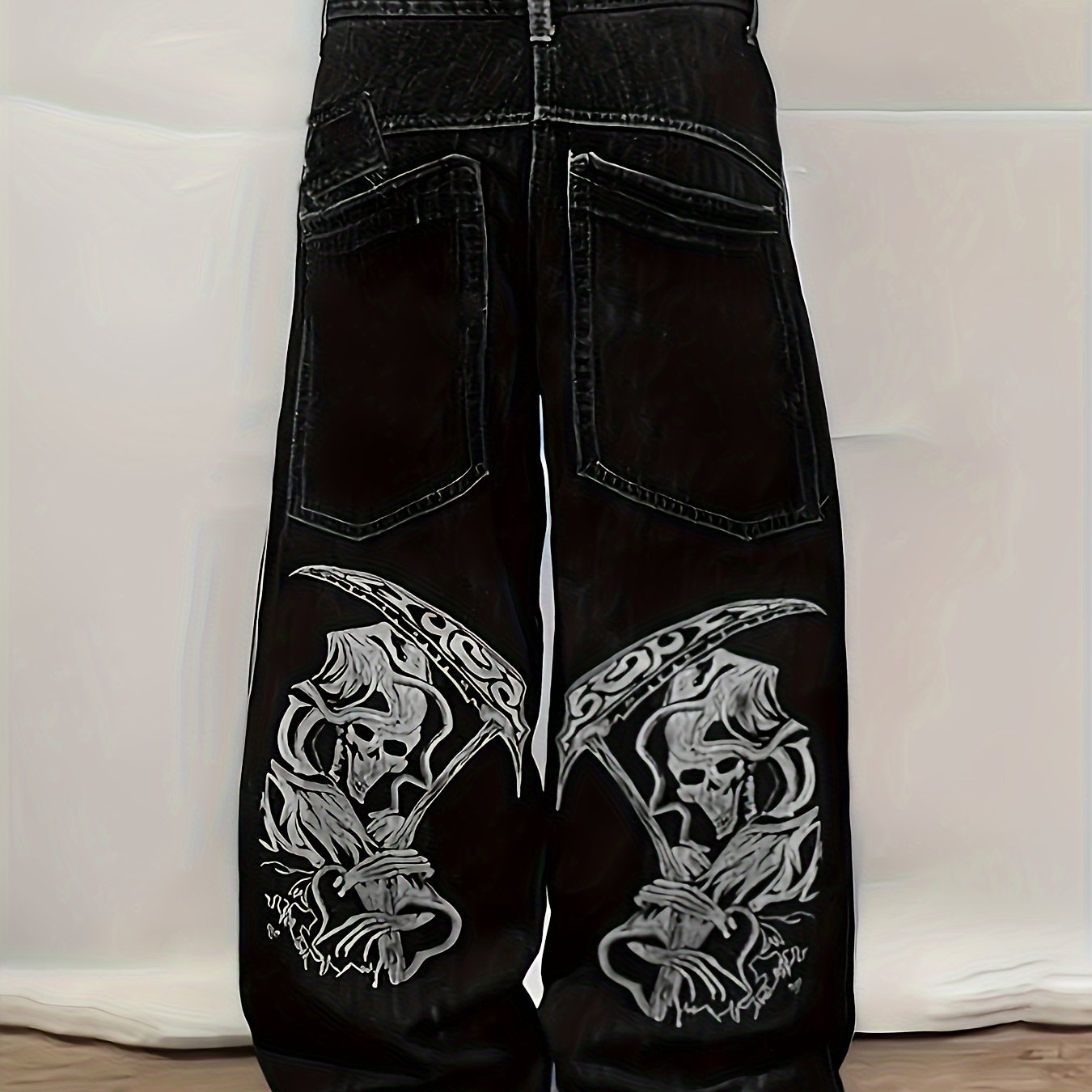 Y2K Gothic Skull & Sickle Print Denim Jeans for Men - Rayon Blend, Street Style, Machine Washable