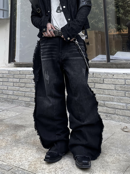 Vintage-Inspired Loose Fit Wide Leg Jeans with Raw Hem - Blend, Machine Washable - Street Style Men's Denim Pants