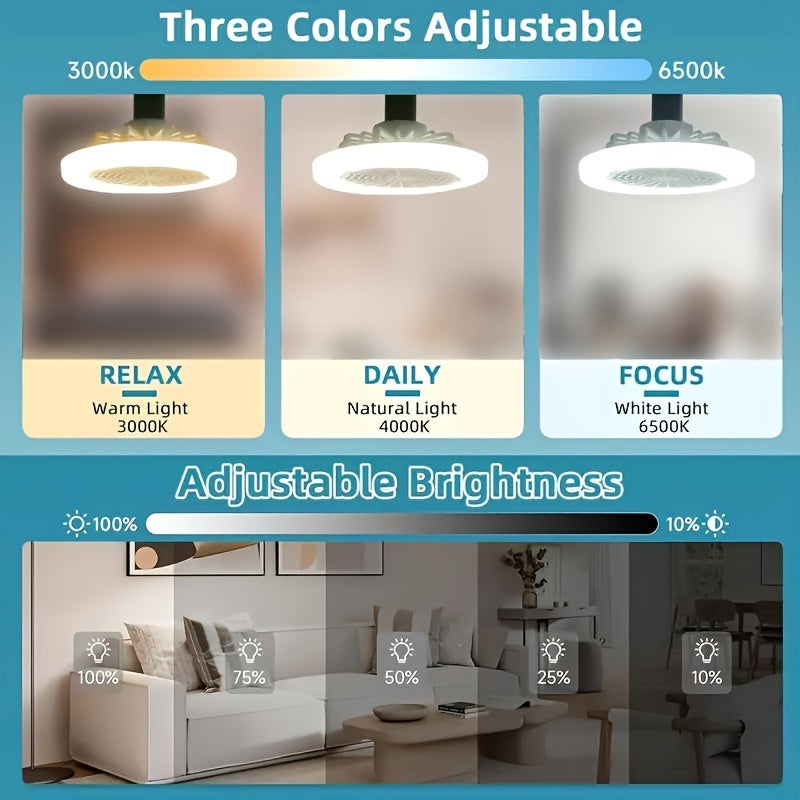 LED Fan Light, 360°Ceiling Fan, Remote Control Enclosed Low Profile Ceiling Fan With Light 3 Speed LED Dimming 3 Colors 17 Modes Invisible Bladeless Flush Mount Fan Light, Modern E26, Silent 30W LED Dimmable Fan Light - Easy