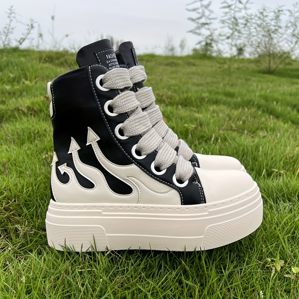 Vintage Style High-Top Fashion Sneakers, Water-Resistant Platform, Flame Embroidery, Lace-Up Closure, Round Toe, PU & Microfiber Upper, Rubber Sole, Lightweight, with Hand Wash/Dry Clean for Unisex Casual Shoes