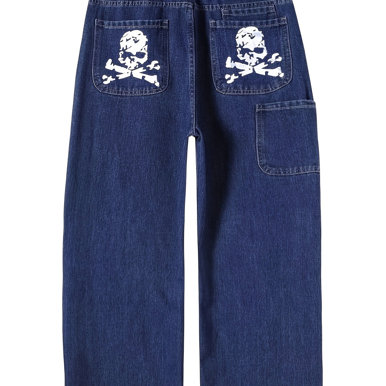 Y2K-Inspired Skull Print Multi-Pocket Straight-Leg Jeans for Men - Rayon Blend, Machine Washable