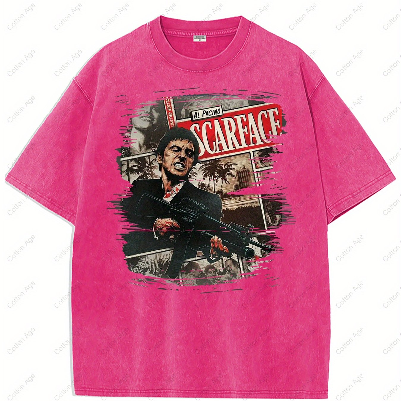 Scarface Al Pacino Movie Poster Iconic Character Action Scene Retro style, classic men's round neck T-shirt, pure cotton skin friendly