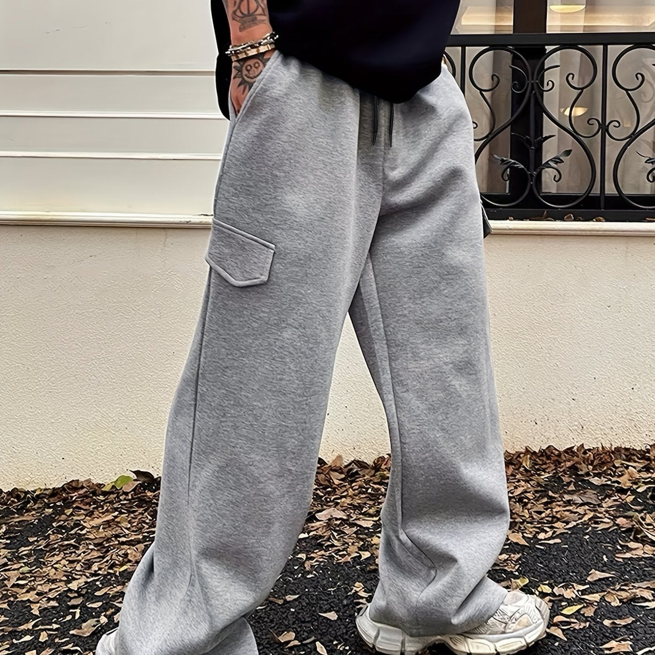 Men'S Casual Loose-Fit Sweatpants with Pocket Detail - 100% Polyester Knit Fabric with Slight Stretch, Solid Color Leisure Trousers