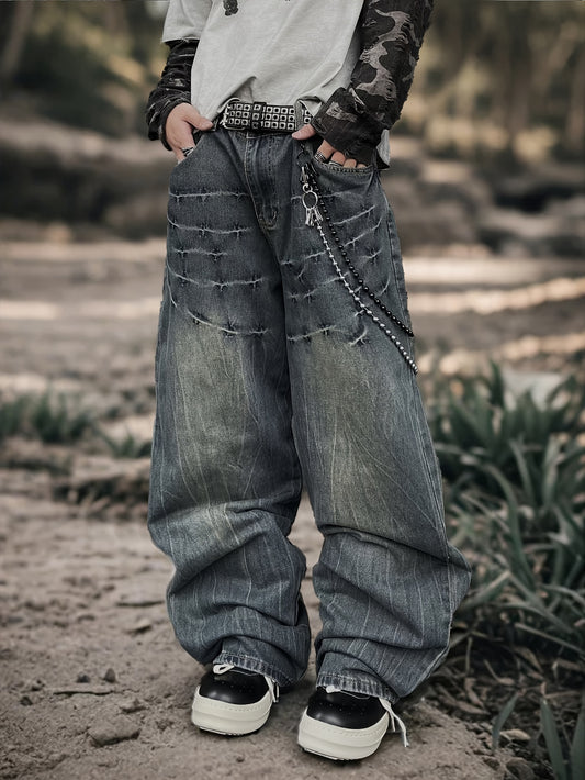 1pc Men'S Street Style Wide Leg Denim Jeans, Solid Color, Non-Stretch, All-Season, Loose Fit, Woven Fabric, 56% Cotton 33% Polyester 11% Viscose, Regular Length with Pockets - Fashionable Casual Long Pants (Belt and Chain Not