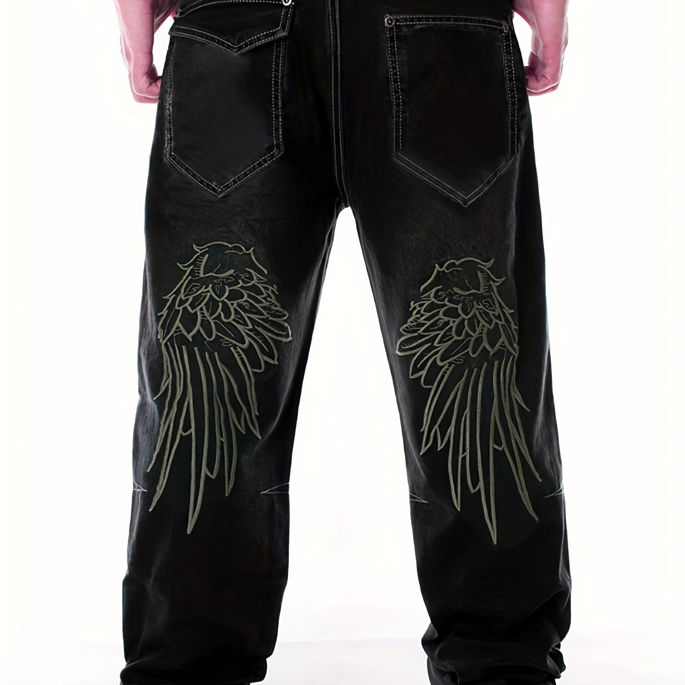 Y2k Wings Embroidery Baggy Jeans, Casual Street Style Denim Pants