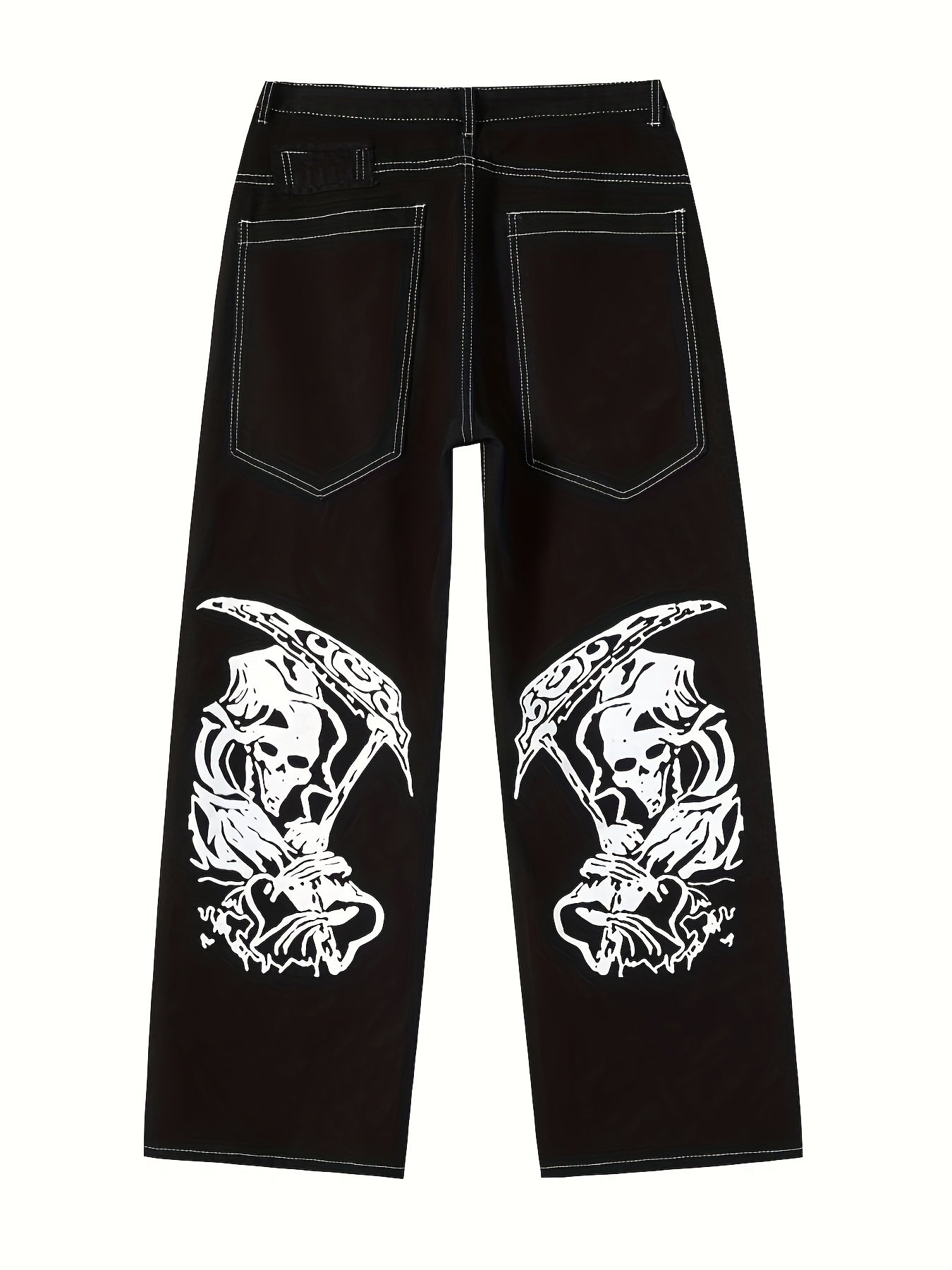 Geng Yuan Selected Y2K Style Grim Reaper Skull Print Pocketed Jeans - Cotton Blend Regular Fit Straight Leg Pants for Adults - Non-Stretch, Washed, Streetwear, All-Season, Halloween Pattern