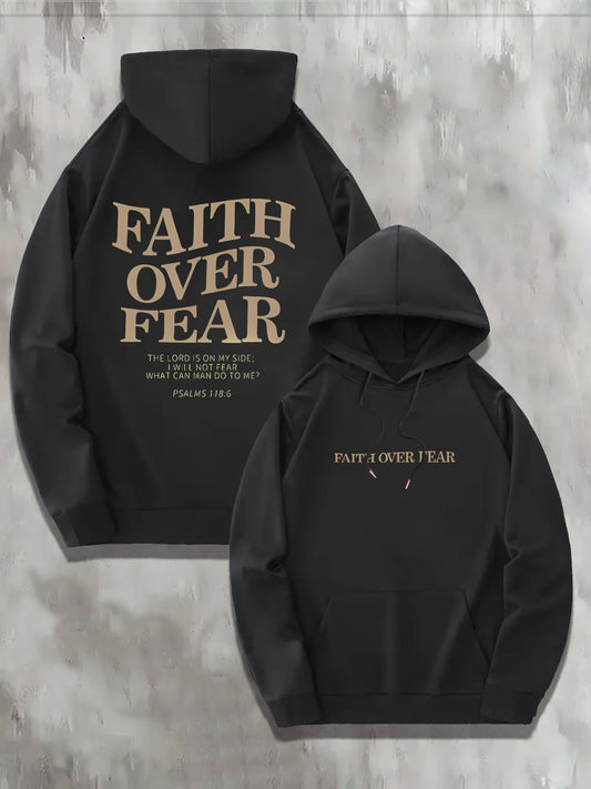 1pc KOURRTER Men'S Casual Polyester Hoodie with "Faith Over Fear" Print, Geometric Pattern, Slight Stretch Knit Fabric, Regular Fit, Hooded Collar, with Pocket - Fall/Winter Collection