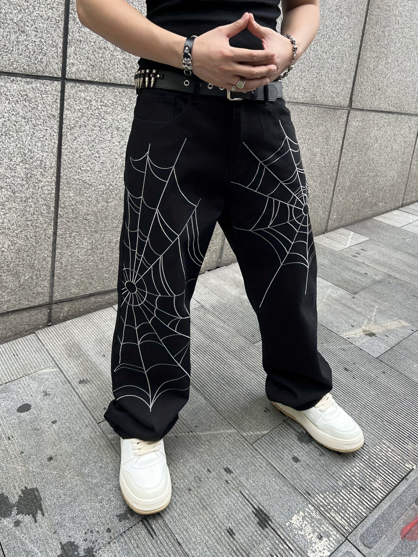 Unisex Street Style Embroidered Spider Web Denim Jeans, Loose Fit, Non-Stretch Cotton Blend Pants, Regular Length, Woven, for Adults, All-Season