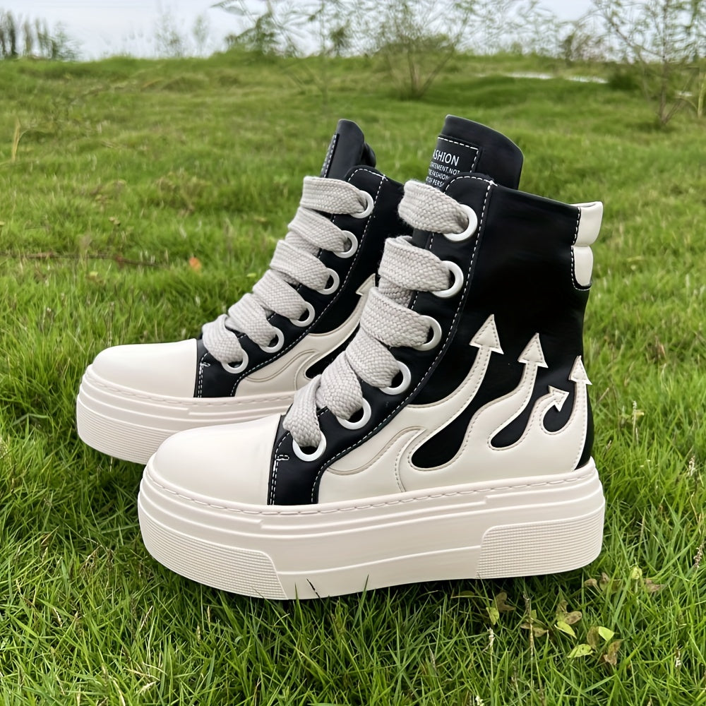 Vintage Style High-Top Fashion Sneakers, Water-Resistant Platform, Flame Embroidery, Lace-Up Closure, Round Toe, PU & Microfiber Upper, Rubber Sole, Lightweight, with Hand Wash/Dry Clean for Unisex Casual Shoes