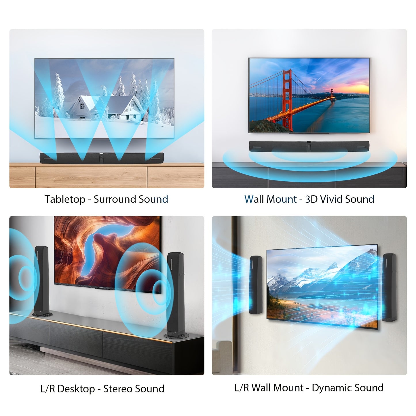 Sound Bar for Smart TV, 60W Soundbar with Wired & Wireless Connect, Auto Volume Boost, ARC/Optical/AUX Cables & Remote, 2in 1 Separable Soundbar
