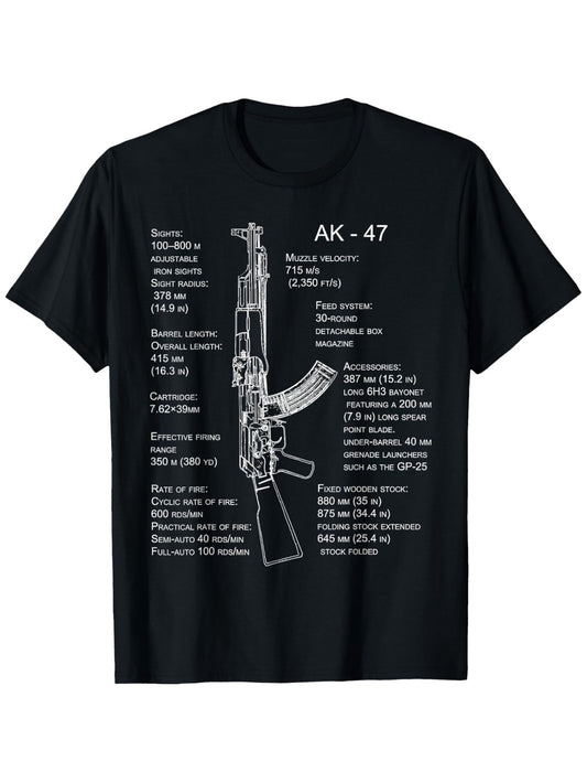 AK-47 Blueprint Design T-Shirt - 100% Cotton, 180g Fabric Weight, Comfortable & Breathable, Ideal for Casual Wear & Gifting, Sizes S-XXXL, Black with Detailed Gun Specs Print