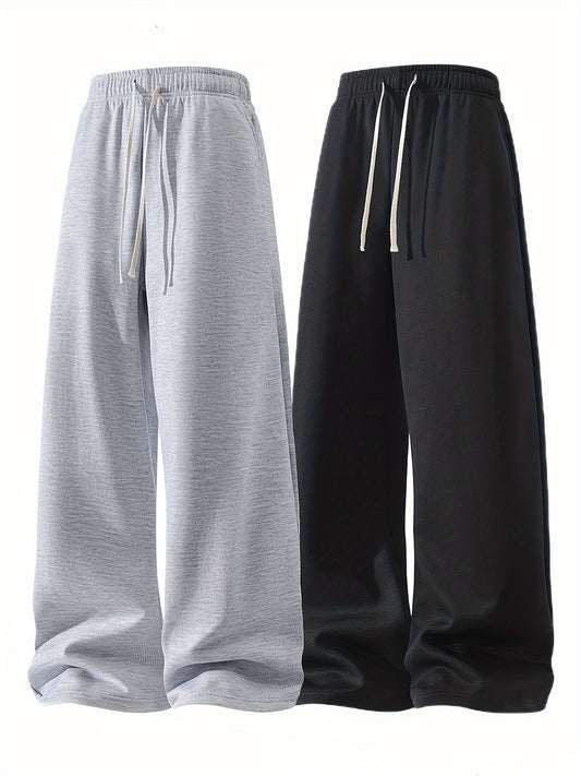 2-Pack Men'S Casual Loose Fit Drawstring Pants, Solid Color Polyester Knit Fabric with Slight Stretch, Multi-Pocket Design for Sports, Hiking, Camping, and Daily Wear - Four Seasons Comfort