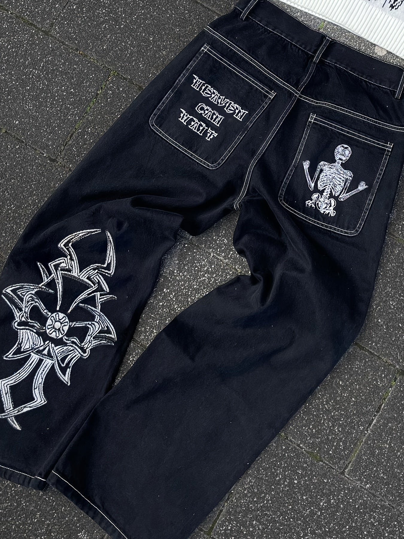 Halloween Y2k Skeleton Embroidery Jeans, Men's Casual Street Style Denim Pants