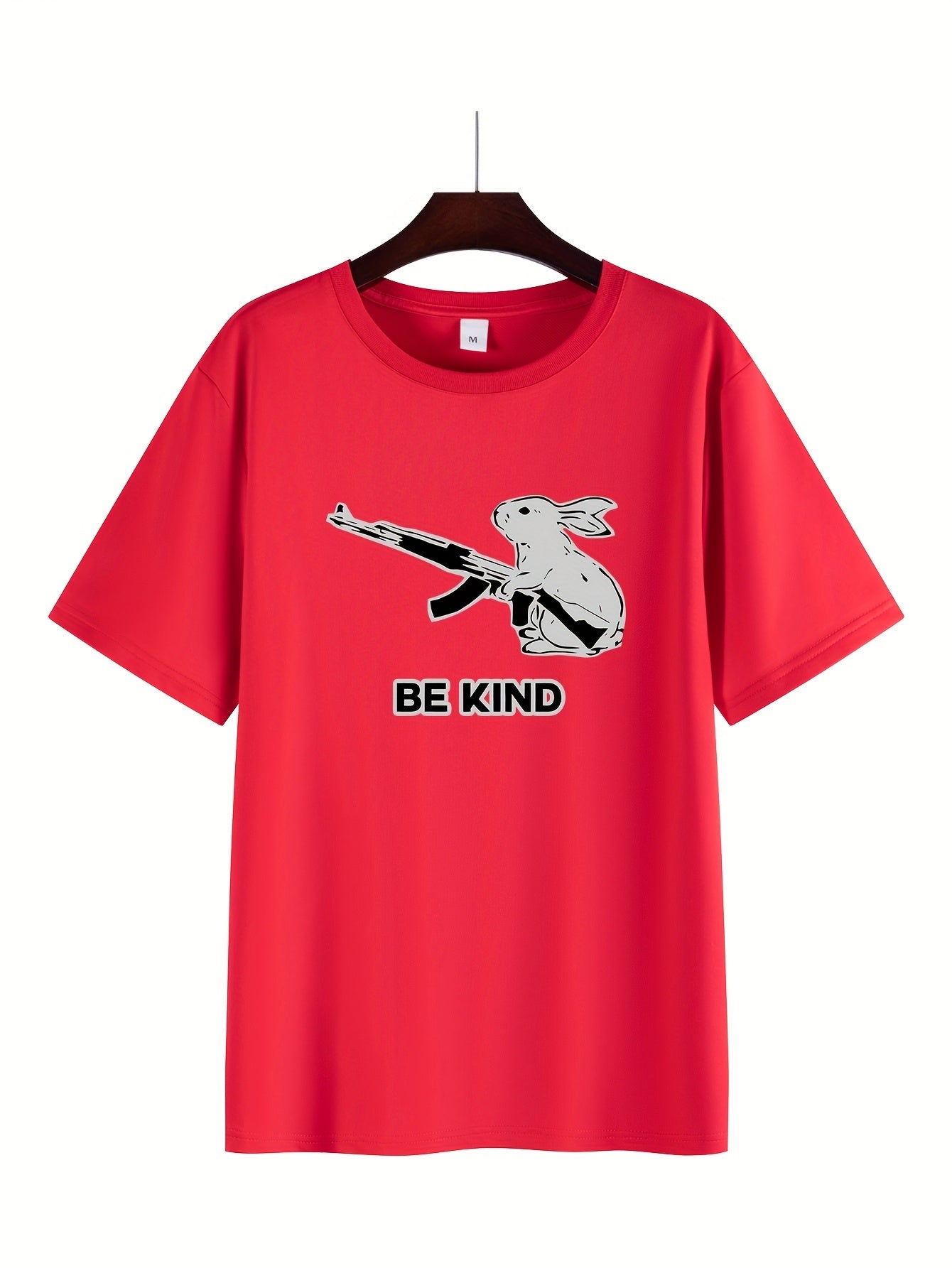 Men's "Be Kind" Graphic Tee - Casual & Comfortable Polyester Blend, Short Sleeve Summer Shirt with Rabbit & Gun Design, Round Neck - Perfect for Workouts, Pajamas & Streetwear