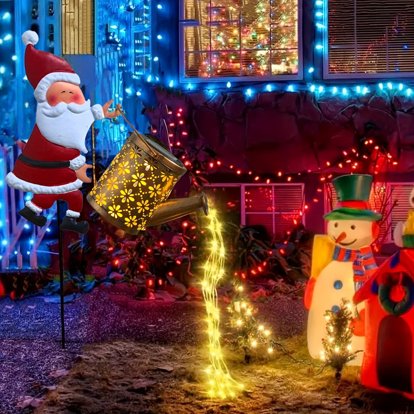 Santa Claus Solar-Powered Watering Can Light - Warm Yellow LED & Pouring Effect, Metal Decorative Garden Stake for Patio, Lawn, and Pathway Christmas Landscape Lighting