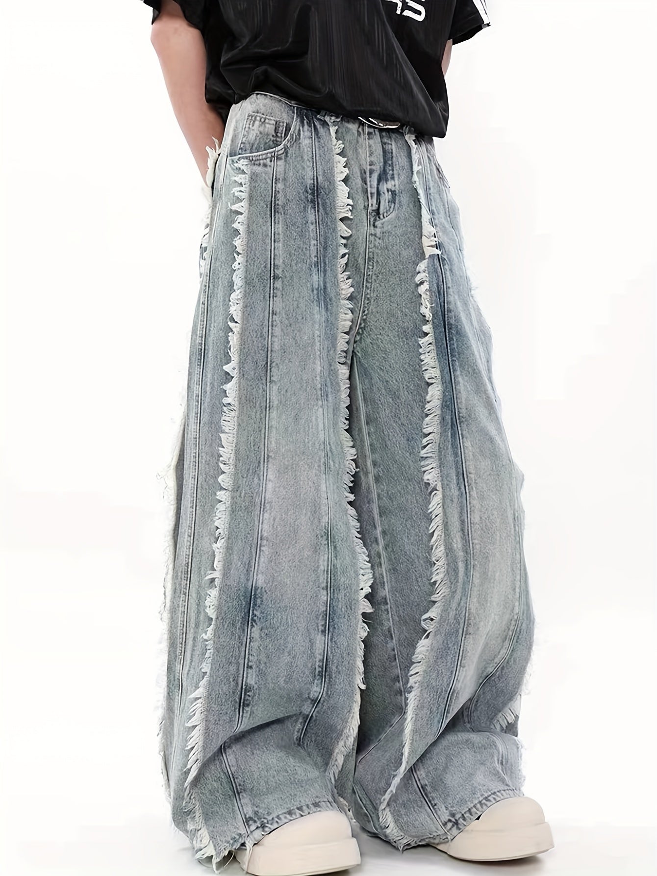 American Retro Waste Style Tassel Splicing Design Sense Jeans Men's Small Crowd Loose Wide Leg Pants