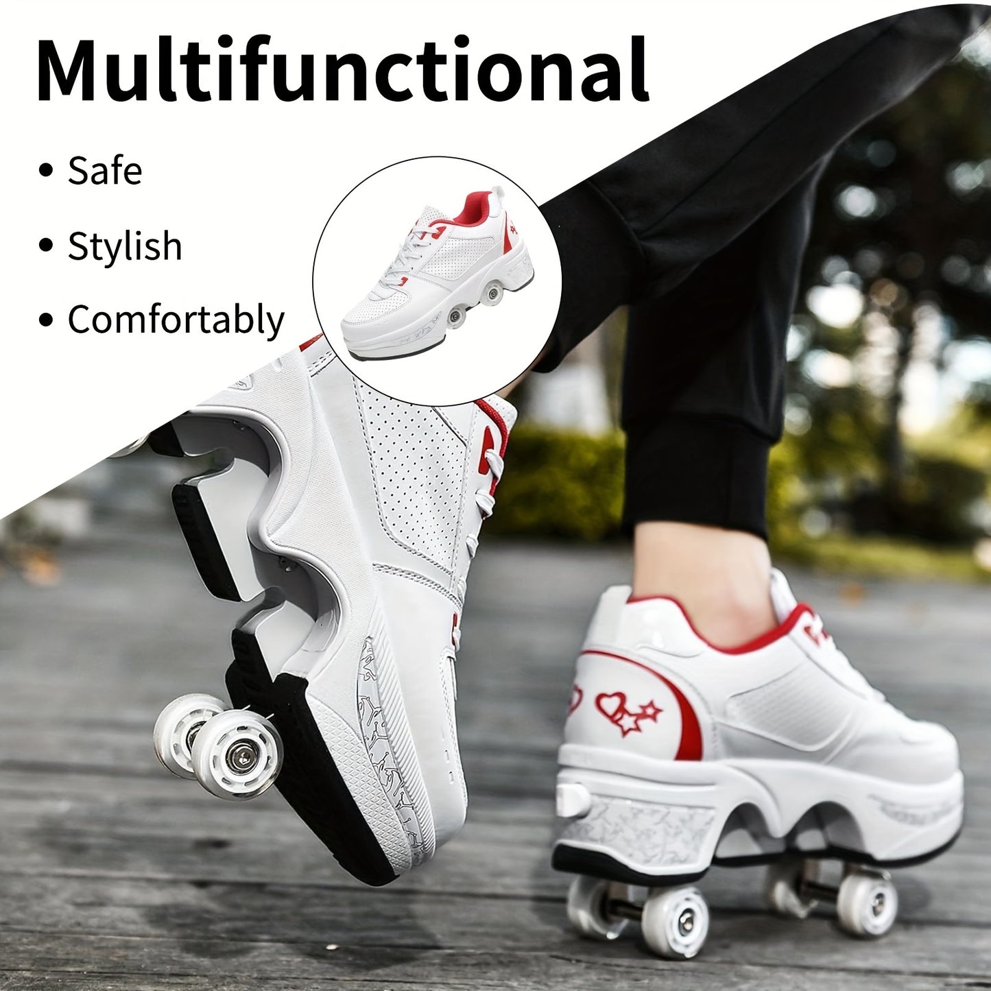 White Red Roller Skate Shoes For Men And WomenShoe - Breathable, Ergonomic, Impact Resistant, 2-in-1 Deformation Roller Skates&Sneakers, Double-Row Retractable Wheels Roller Shoes, For Casual Walking, Skating, Hiking, And Out