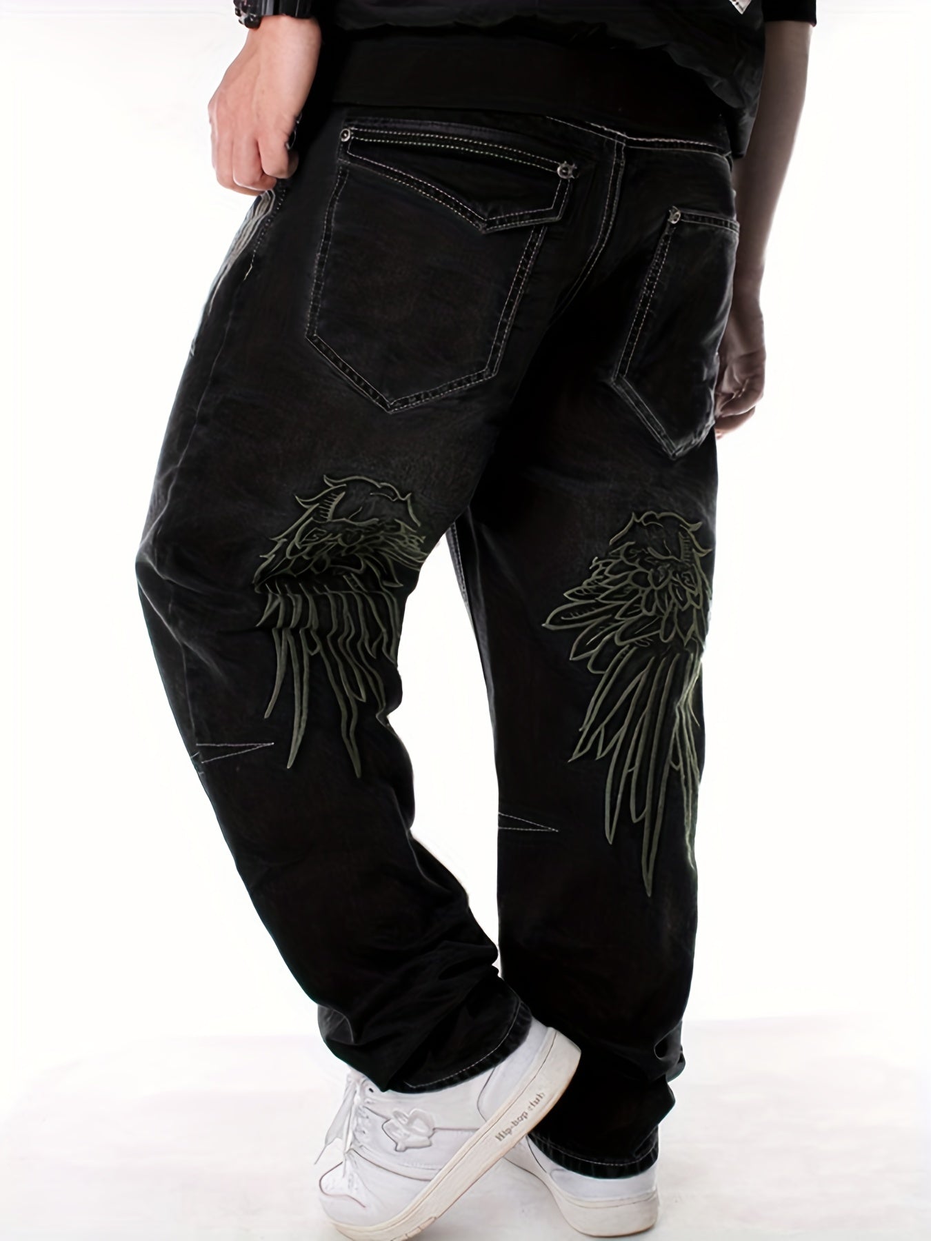 Y2k Wings Embroidery Baggy Jeans, Casual Street Style Denim Pants