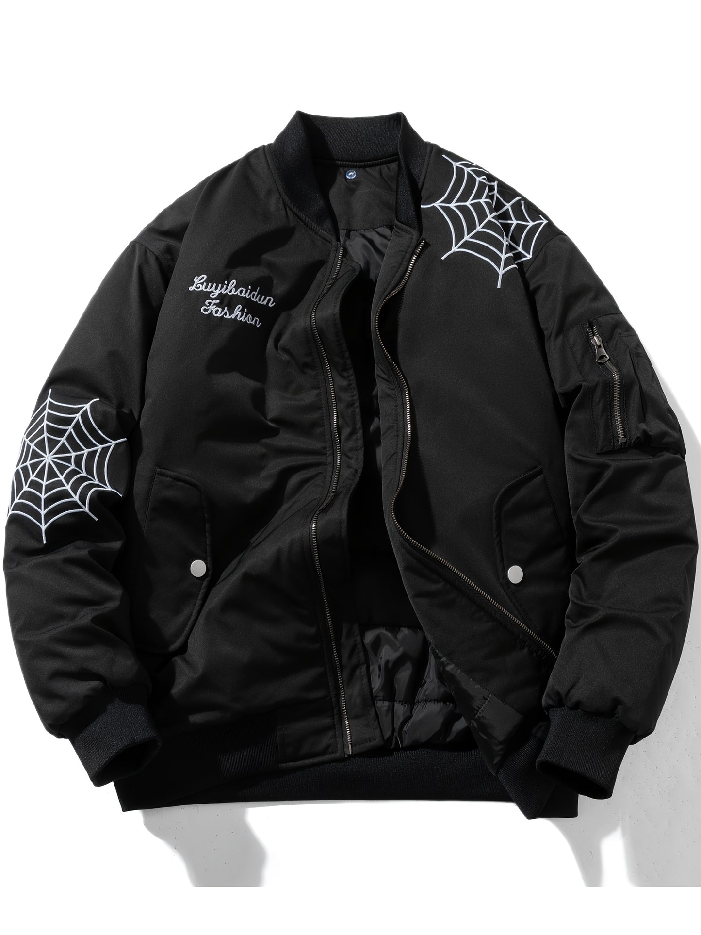 Men's Casual Fall/Winter Insulated Bomber Jacket with Removable Hood - 100% Polyester Embroidered Spider Design, Non-Stretch Fabric, Regular Fit Woven Outerwear with Polyester Lining