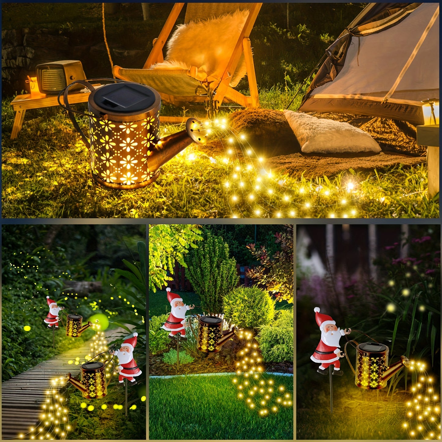 Santa Claus Solar-Powered Watering Can Light - Warm Yellow LED & Pouring Effect, Metal Decorative Garden Stake for Patio, Lawn, and Pathway Christmas Landscape Lighting