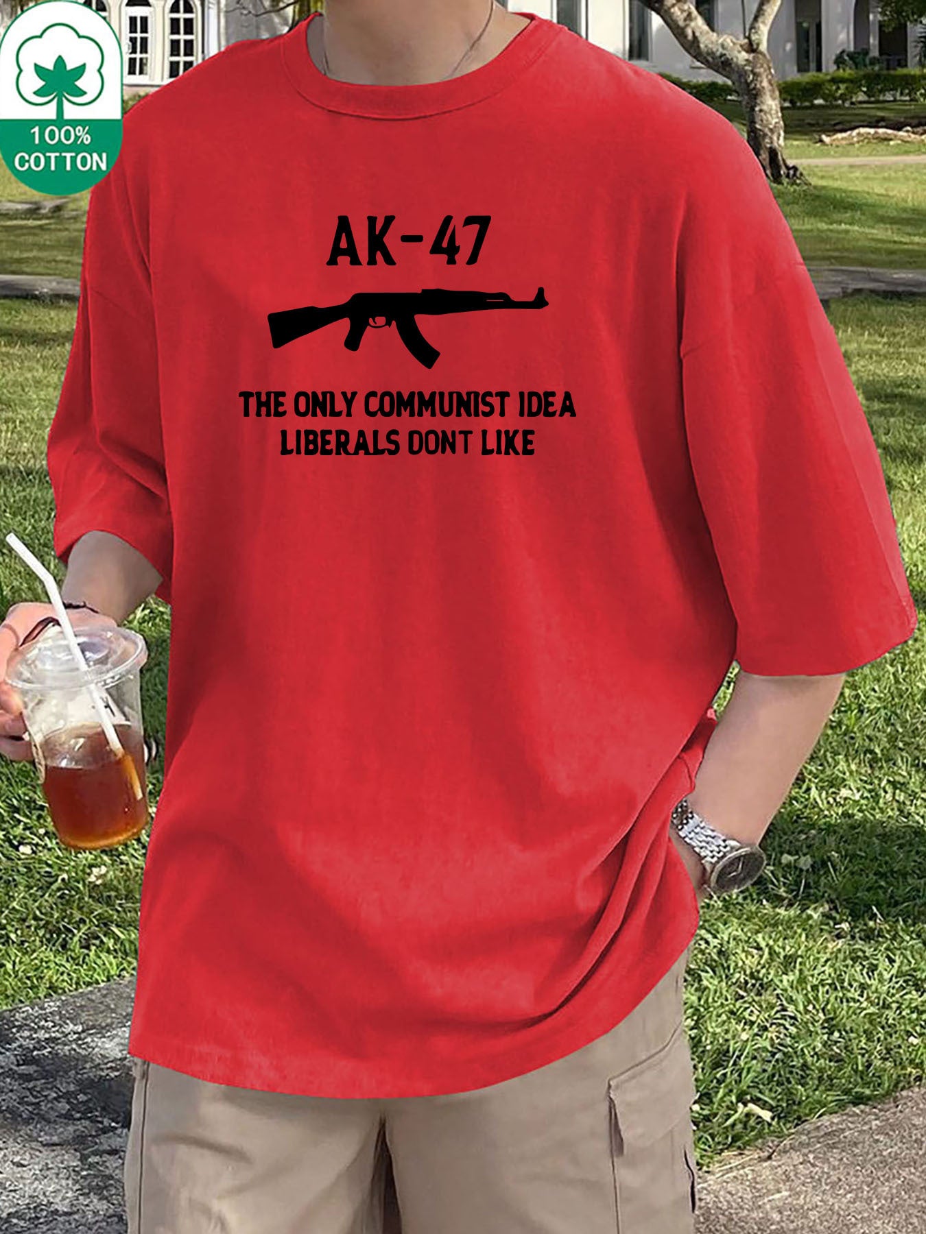 Men'S Fashion AK-47 Print T-Shirt, 100% Cotton Crew Neck, Regular Fit, Slight Stretch, Knit Fabric, Casual Versatile Tee, Sports Style, Heavyweight 200gsm