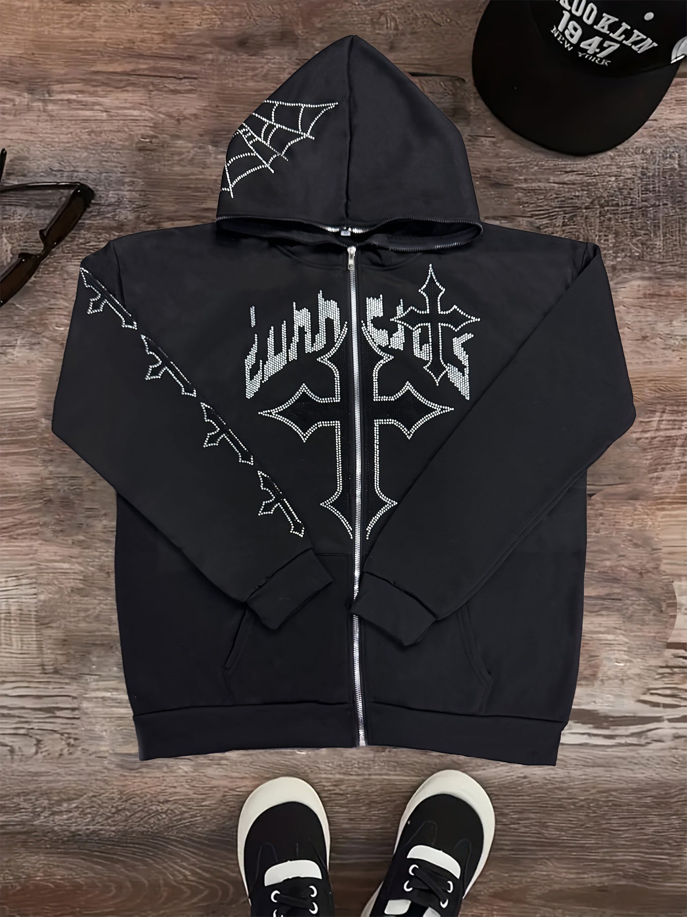 Y2K Fashion Hoodie with Hot Diamond Letter and Graphic Printing, Zipper Hoodie, Gothic Long Sleeve