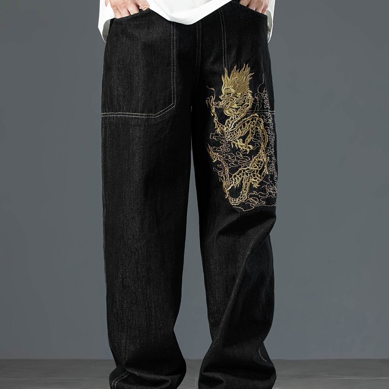 Dragon Pattern Embroidered Cotton Blend Wide Leg Jeans For Men, Chic Street Style Loose Fit Bottoms For Men, All Seasons, Fluid Pants