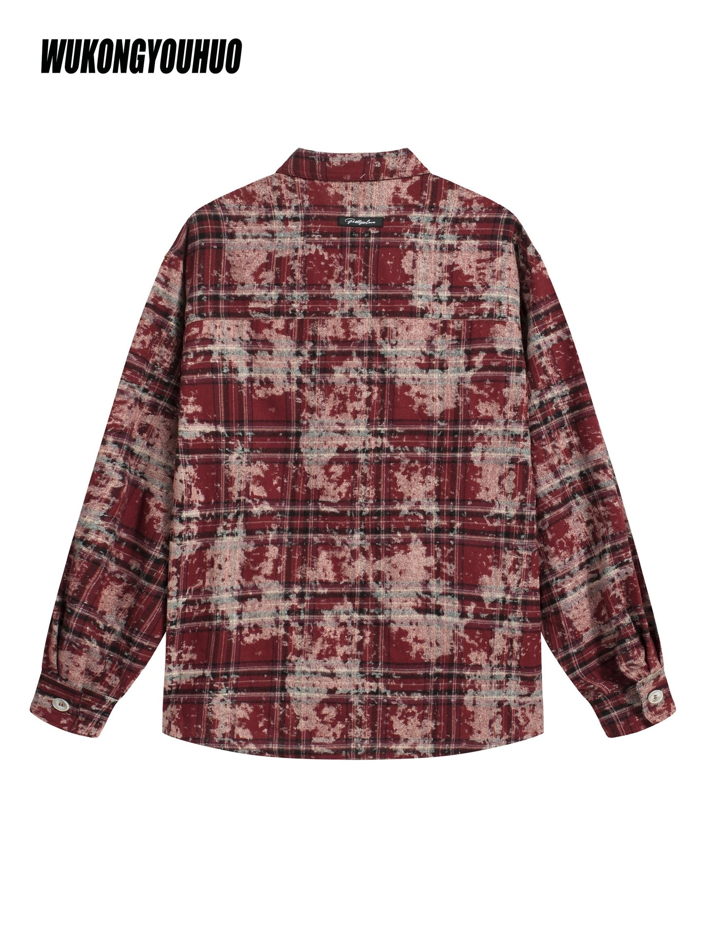 WUKONGYOUHUO Men's Tie-Dye Red Plaid Long Sleeve Shirt - Casual Loose Fit, Polyester Blend, Machine Washable with Pockets for Spring/Fall