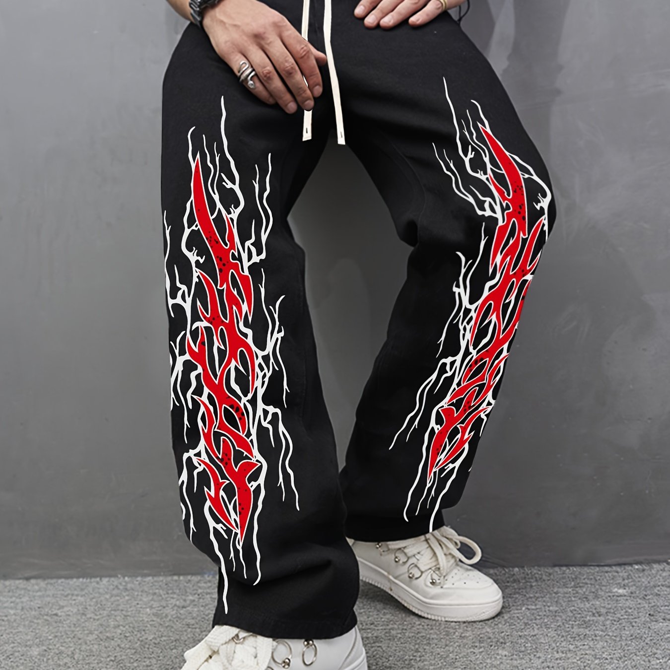 Men's Casual Loose-Fit Joggers with Geometric Print - Drawstring, Stretch Fabric, Machine Washable