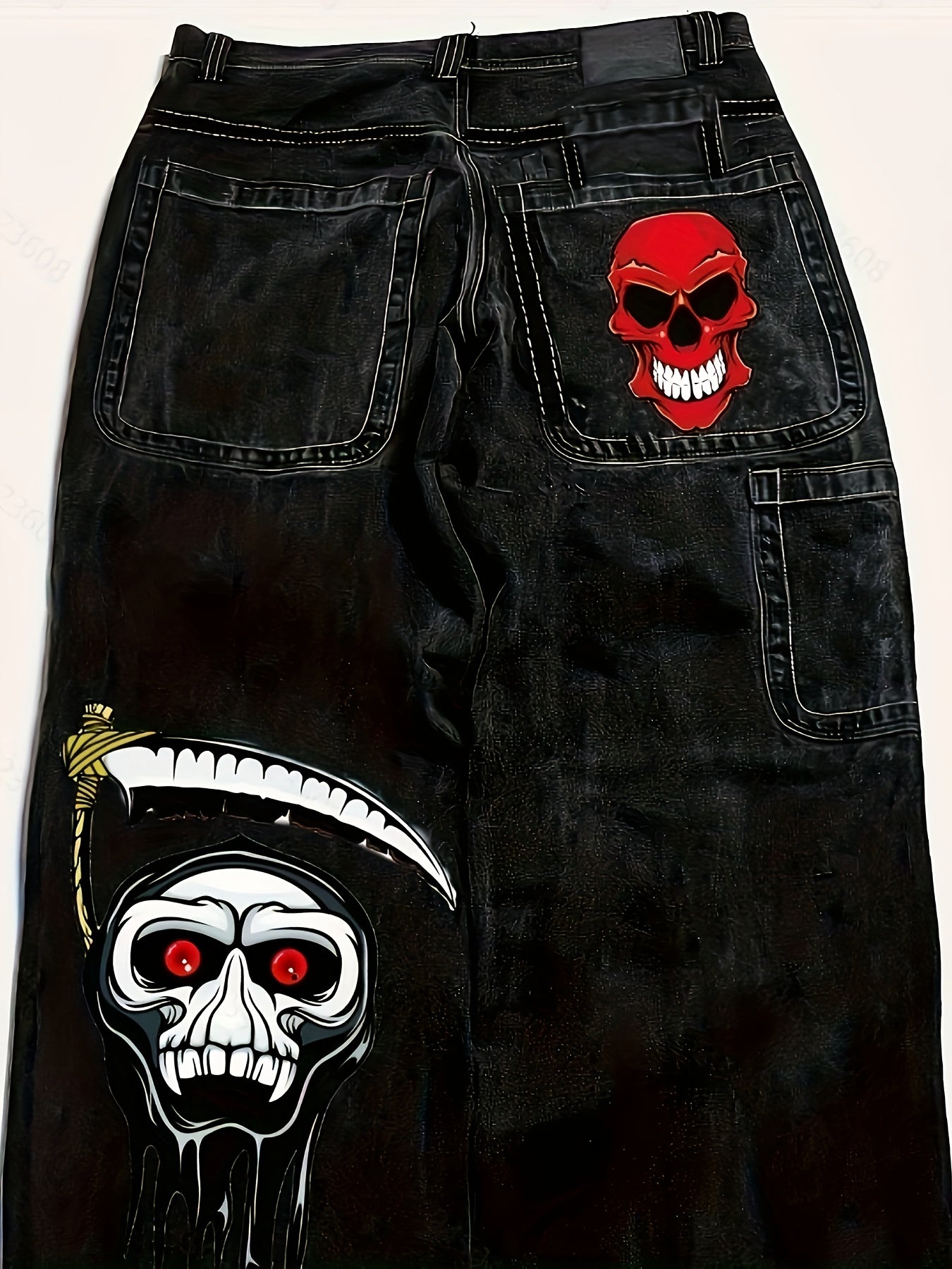 1pc Y2K Street Style Skull Print Denim Pants, Cotton Blend, Non-Stretch Fabric, Loose Fit, Halloween Pattern, All-Season, Regular Length, Woven, Washed Finish - 30% Cotton, 43% Polyester, 27% Rayon
